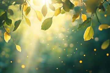 Sunbeams filter through a lush canopy, casting a warm amber glow. The interplay of light and leaves creates a serene and picturesque natural scene, evoking nature’s tranquil beauty.