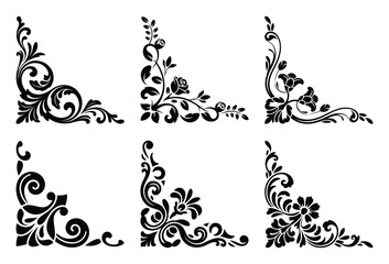 Collection of six ornate floral corner decorations isolated on white background