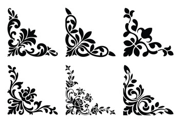 Six ornate decorative floral corner elements isolated on white background