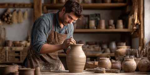 Male potter, focused on shaping clay vase on wheel, surrounded by rustic workshop with shelves of pottery, showcasing craftsmanship and artistic dedication in pottery making