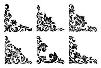Collection of six ornate floral corner designs isolated on white background