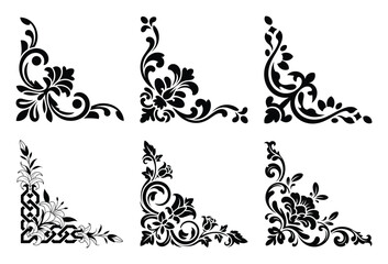 Six decorative floral corner ornaments isolated on white background