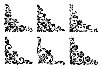 Collection of six ornate floral corner designs isolated on white background