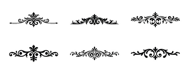 Collection of six ornate black decorative elements isolated on white background