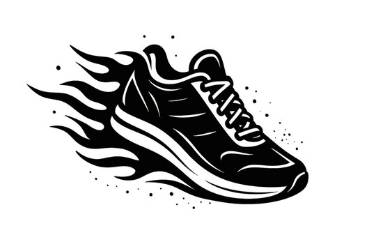 Black running shoe with flames speed motion effect fitness footwear design sporty sneaker silhouette isolated on white background
