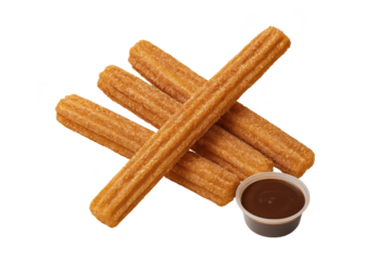 Churros with chocolate sauce, isolated on a clean, transparent background