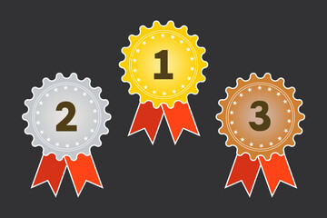 Award medal badges with 1, 2, and 3 digits. Gold, silver, and bronze stickers for first, second, and third place. Minimalistic flat style, vector illustration, isolated.