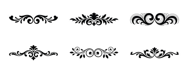 Collection of six ornate black decorative floral elements isolated on white background