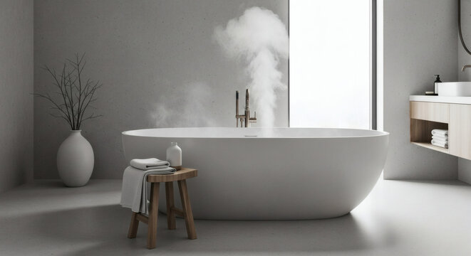 A spa-like minimalist bathroom with a freestanding bathtub, continuous micro-cement floors and walls. A single wooden stool holding a folded towel and a ceramic vessel. Steam rising, creating a serene