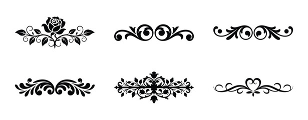 Collection of six ornate black floral decorative elements isolated on white background