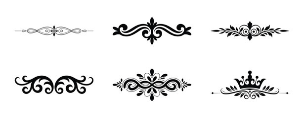 Collection of six ornate decorative elements isolated on white background