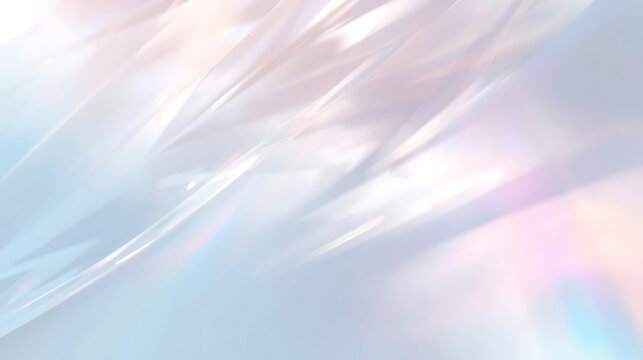 Soft abstract background featuring light pastel gradients, prism-like reflections, and glowing iridescent light beams on a smooth white surface, creating a dreamy, minimal