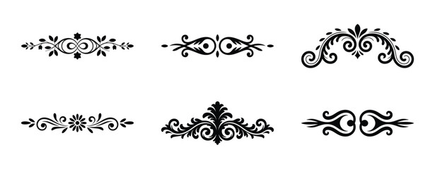 Collection of six ornate decorative floral elements isolated on white background