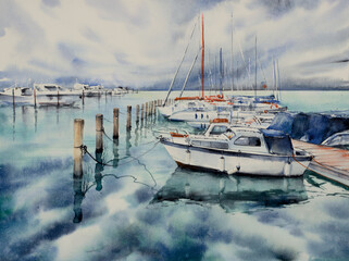 Yacht and boats at the marina in the cloudy day. Picture painted with watercolors.