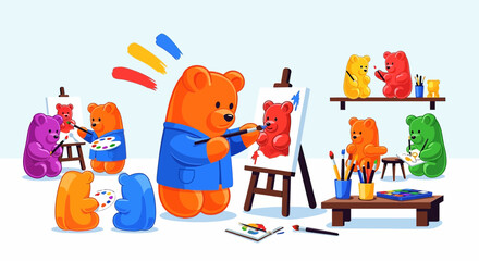 Gummy bear artists creating artwork in colorful studio setting with various artistic tools