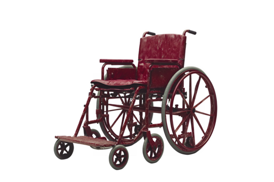 An Aged And Worn Deep Red Wheelchair With Textured Surfaces Rests Against A Solid Transparent Background