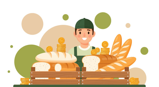 Happy baker with bread vector illustration, showcasing fresh baked goods and successful bakery