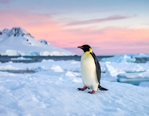 Obraz premium A majestic emperor penguin stands proudly on an iceberg at sunset in Antarctica, with icy mountains in the background