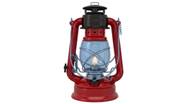 A red vintage kerosene lantern with a lit flame, isolated on a transparent background