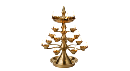Traditional indian brass oil lamp with multiple diyas, isolated on transparent background