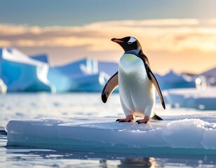 Fototapeta premium Majestic Gentoo penguin standing on a floating iceberg in the pristine Antarctic wilderness during a golden sunset