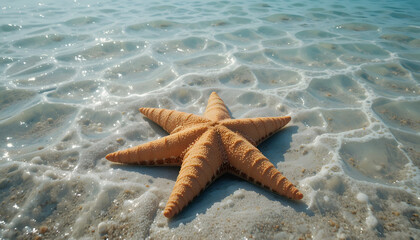 Starfish in Shallow Sunlit Water – Tranquil Coastal Scene with Ripples and Sand