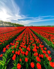 Fototapeta premium Vibrant red tulip field under a bright sky