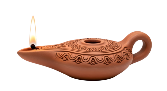 Ancient clay oil lamp with intricate carvings and a lit wick, isolated on transparent background - Powered by Adobe