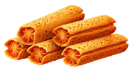 Artistic Crispy Rolls: A close-up shot of intricately designed, golden crispy rolls arranged on a surface. These delightful treats beckon with their tempting textures.