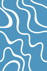 Sinuous white lines, wavy, flowing, curved, and twisting stripes on a sunny blue background. Seamless background with jagged, hand-drawn wavy, organic retro ornaments and hippie patterns.