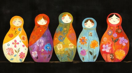 Colorful Matryoshka Dolls with Floral Designs on Black Background, Artistic Illustration.