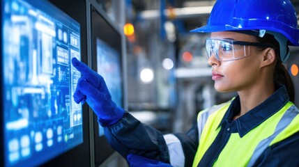 Female engineer monitoring digital controls in a modern factory setting, showcasing advanced technology