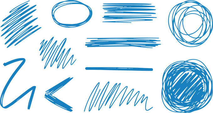 Vector art of collection of blue scribbles and lines