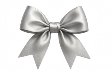 Silver satin bow featuring a glitter texture on the ribbon ends, ideal for holiday presents and elegant decor