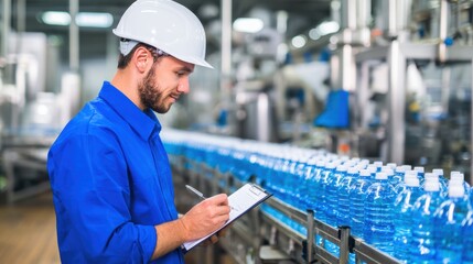 Worker in blue shirt and helmet inspecting bottled water production line in a modern factory setting