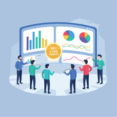 Obraz premium Data Visualization Business Reporting Dashboard Vector Illustration. Wide Landscape Analysts Presenting Metrics