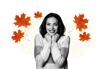 Trend artwork image collage of monochrome autumn fallen season weather outdoors nature young lady happy smile cute model posing portrait