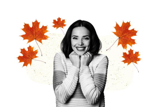 Trend artwork image collage of monochrome autumn fallen season weather outdoors nature young lady happy smile cute model posing portrait