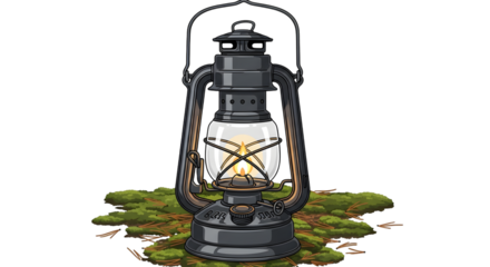 Antique kerosene lantern with a lit flame, isolated on transparent background