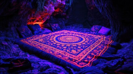 Enchanting Cave Interior: Glowing Carpet and Pillows, Mystical Ambiance, Neon Lighting.