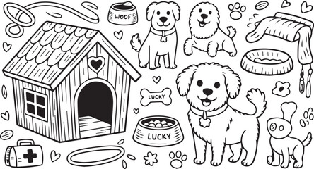 Vector art of cute dog doodle with house, food, and accessories