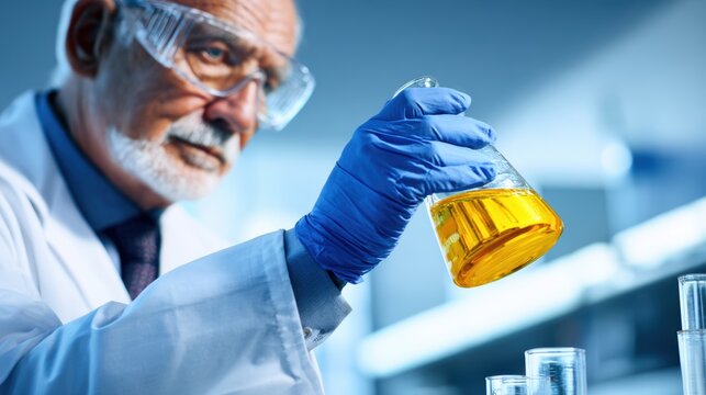 Senior scientist in a lab analyzing a yellow liquid in a flask with modern equipment in the background