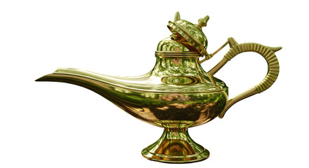 A vintage brass genie lamp with intricate details, isolated on transparent background