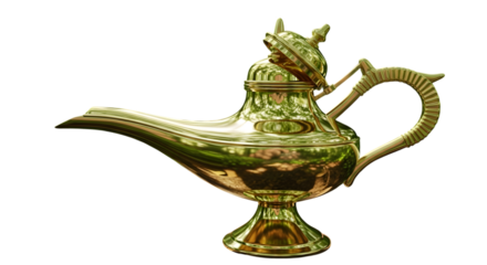 A vintage brass genie lamp with intricate details, isolated on transparent background