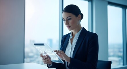 Focused Young Businesswoman Working Remotely on Laptop in Modern Office