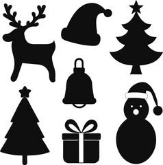 Collection of christmas themed silhouettes including a reindeer santa hat christmas tree bell snowman and gift isolated on white background isolated on transparent background