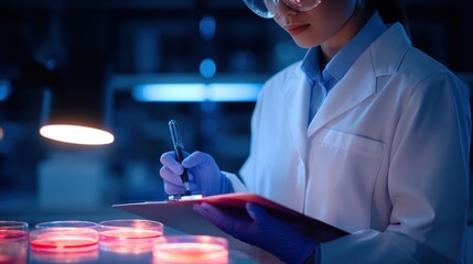 Scientist in a lab, observing petri dishes, taking notes under bright lab lights, focused on research