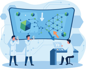 Nanotechnology Microscopic Repair Vector Illustration. Wide Landscape Scientists Directing Tiny Robots
