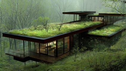 A modern home with a lush green roof, nestled within a misty forest, showcasing contemporary architecture and sustainable design.