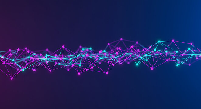 Neon network of glowing dots and lines on dark blue background